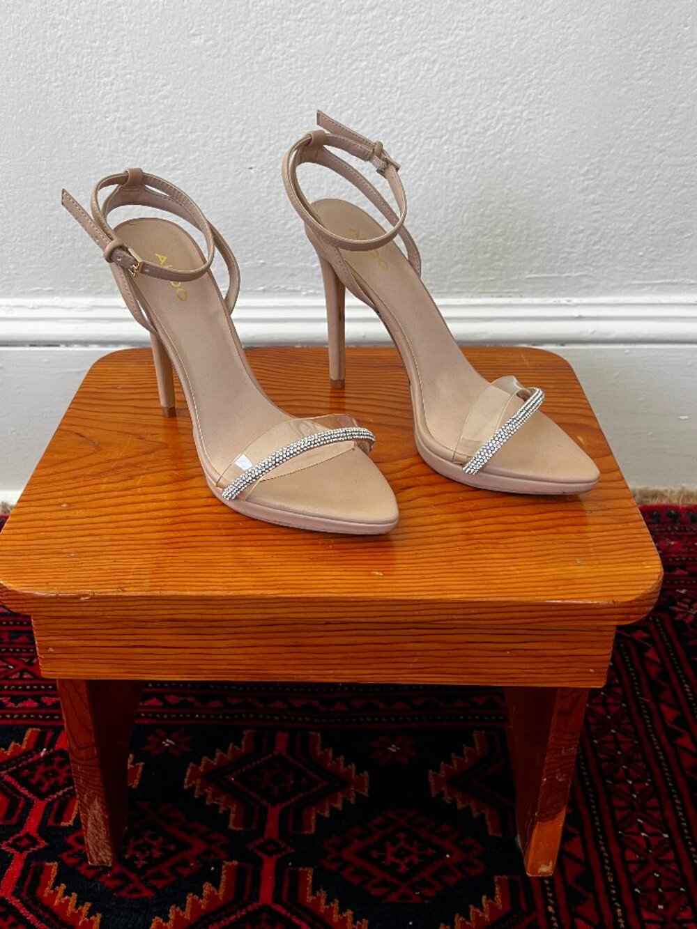 ALDO Nude Rhinestone Strap Heels Size 8 Clear Strap Stiletto Sandals